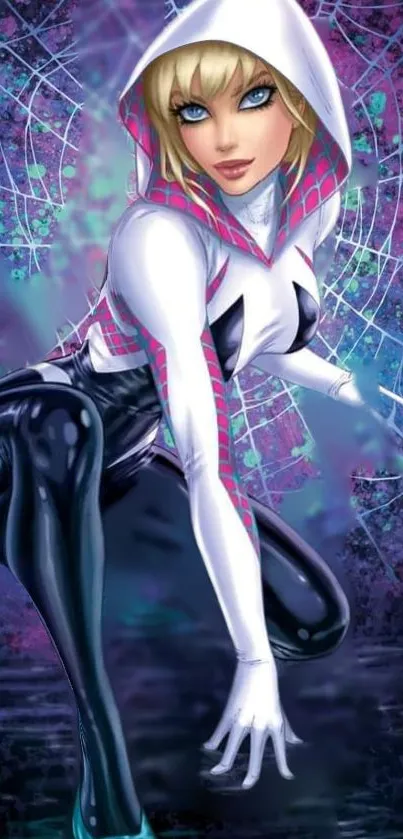 Dynamic spider-inspired heroine with vibrant background in striking pose.