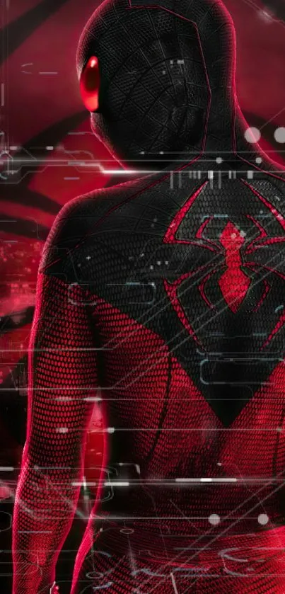 Heroic silhouette with spider emblem in red cityscape.