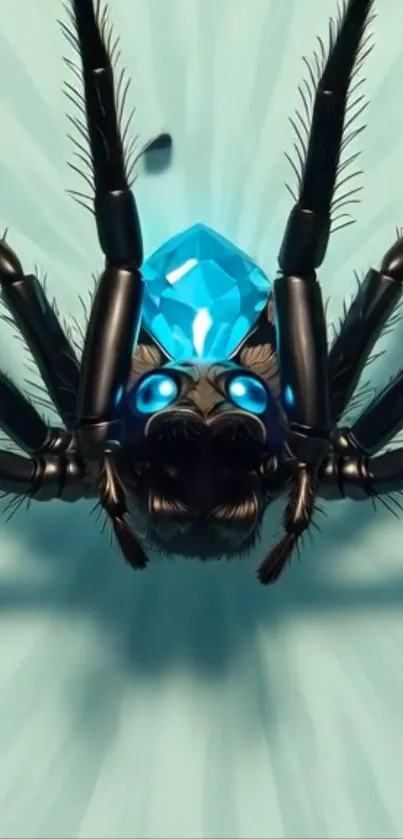 Fantasy spider with blue jewel on light background.