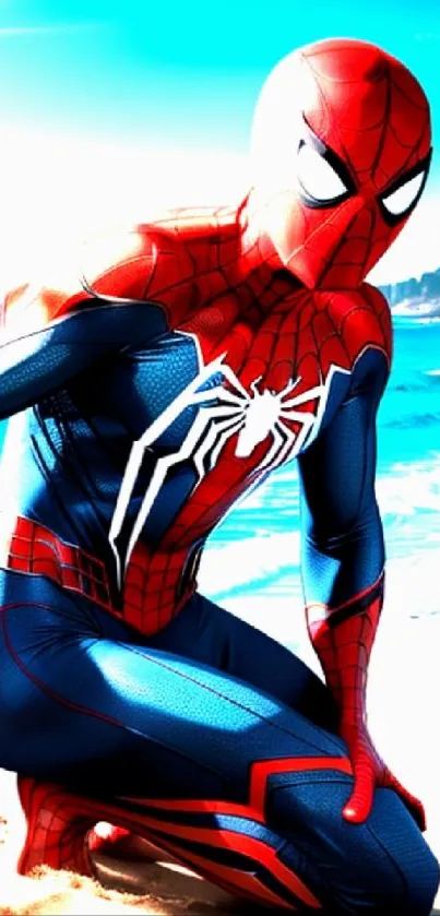 Spider-Man kneeling on a sunny beach with ocean waves.
