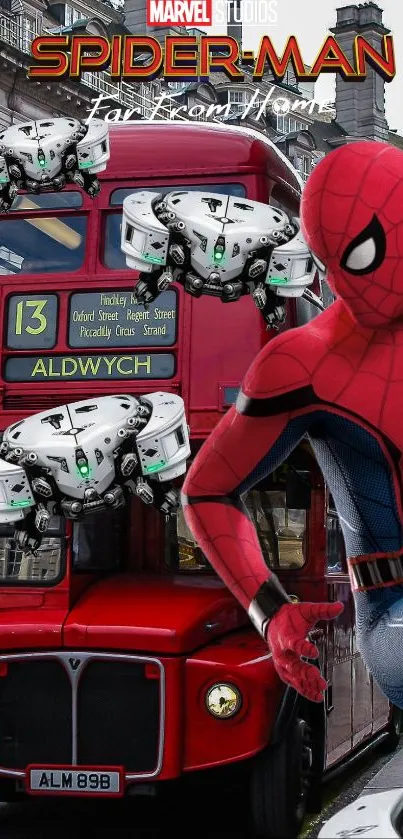 Spider-Man with drones on London bus background.