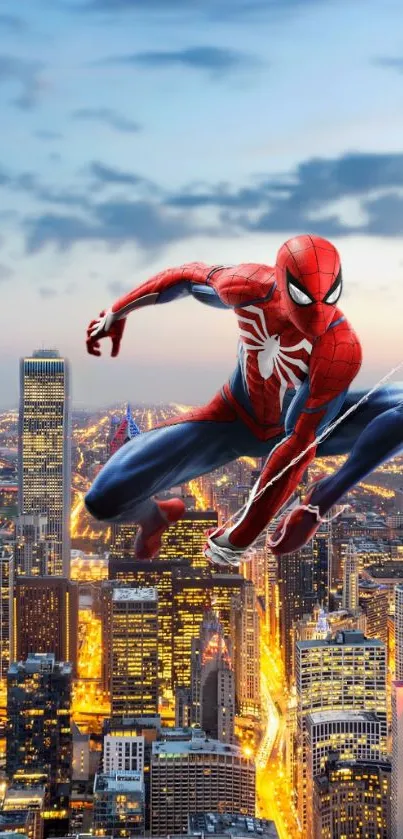 Spider-Man swings through a vibrant city skyline at dusk.