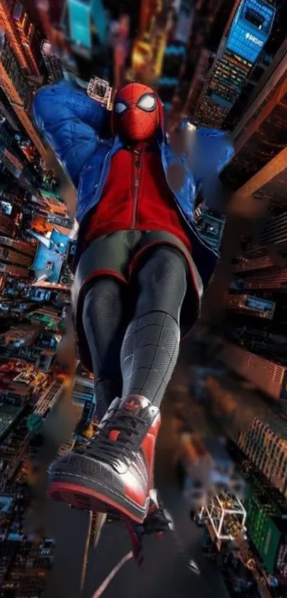 Spider-Man swings through an urban cityscape with dramatic lighting.