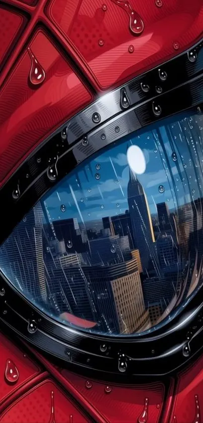 Spider-Man eye reflecting cityscape with raindrops.