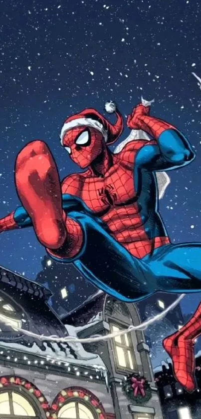 Festive Spider-Man swinging through snowy night