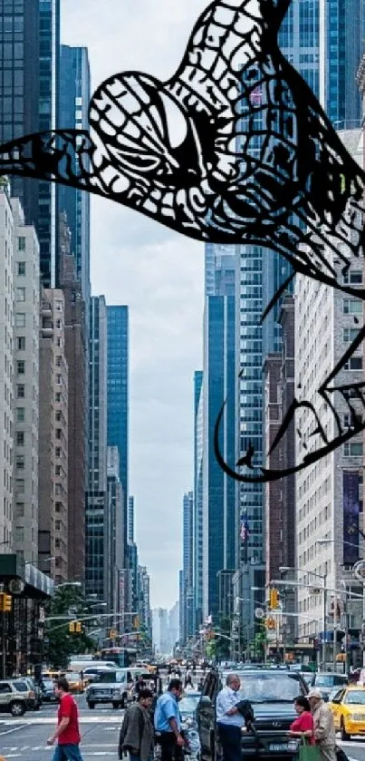 Spider-Man swings through New York City streets, over yellow taxis and tall buildings.