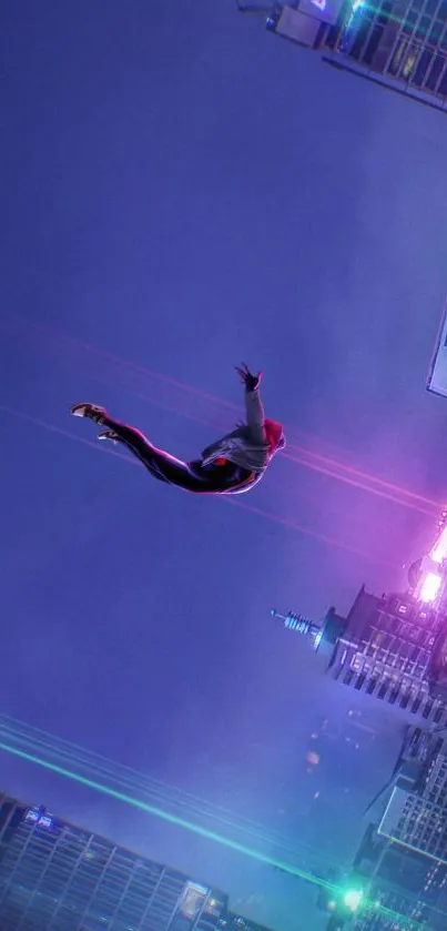 Spider-Man leaping across a neon-lit cityscape with a purple sky.