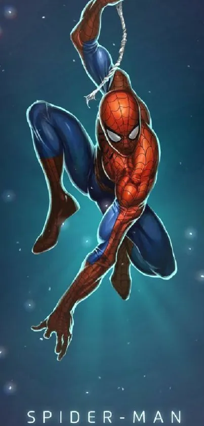 Dynamic Spider-Man in action on a blue background mobile wallpaper.