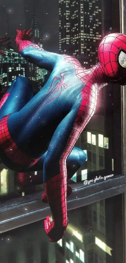 Spider-Man climbing on glass with night city backdrop.