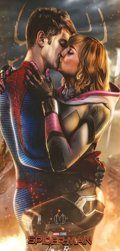 Spider-Man and partner embrace with a fiery backdrop.