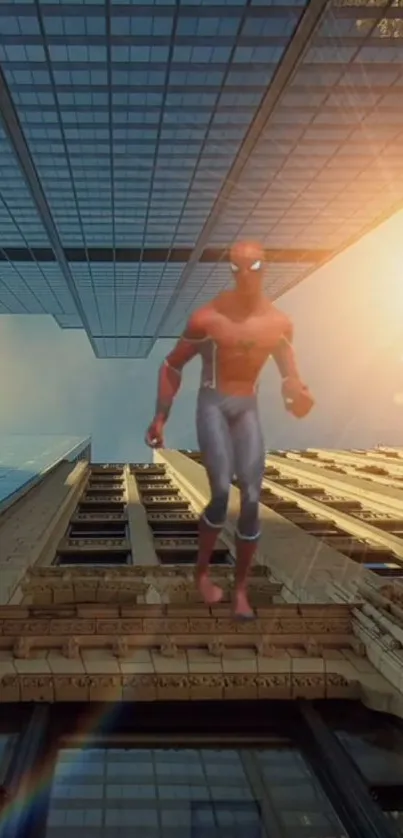 Spider-Man leaping over city skyscrapers with vibrant urban backdrop.