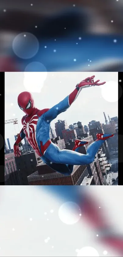 Spider-Man swings through cityscape in vibrant mobile wallpaper.