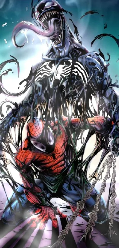 Spider-Man and Venom in an intense comic-style artwork for mobile wallpaper.