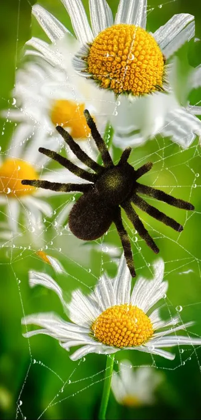 Spider on a daisy with dew drops in vibrant green backdrop.