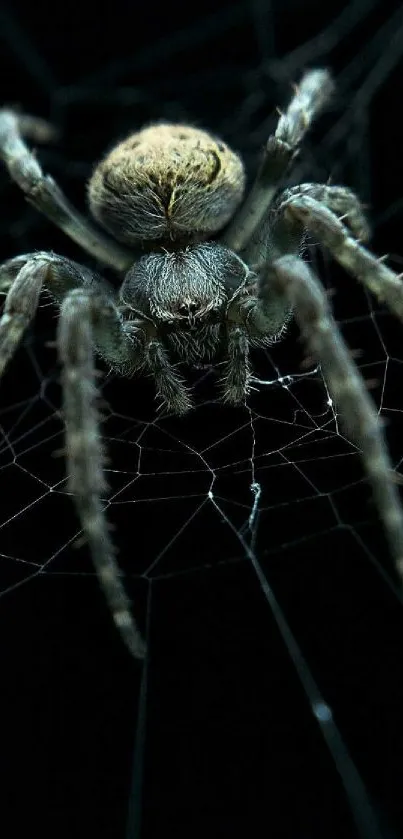 Close-up of a spider on a dark web, detailed and intriguing.