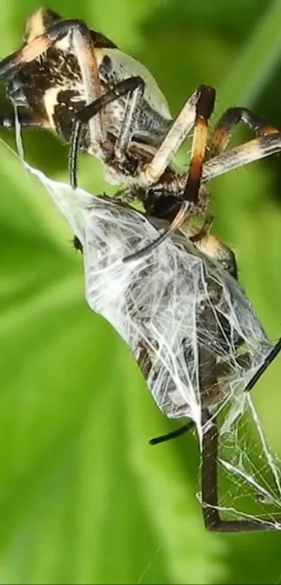 Spider intricately spinning web on green leaf in nature wallpaper.