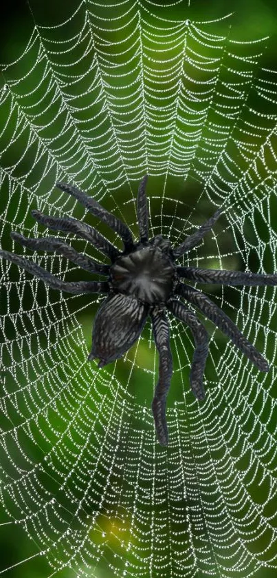 A spider sits on its intricate web against a vibrant green background.