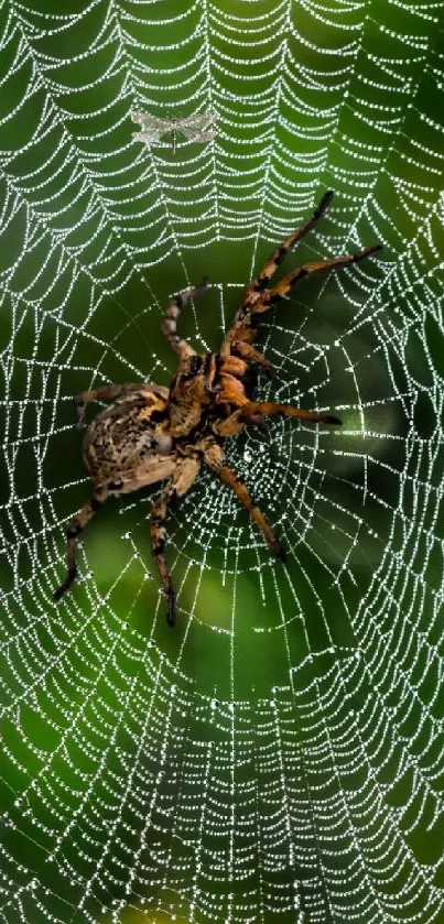 A spider sits on its intricate web with a green forest background.