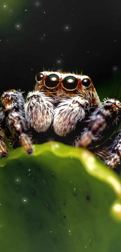 Close-up of a spider on a green leaf with macro detail.