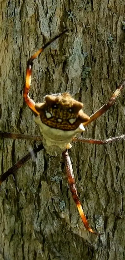 A spider on the textured bark of a tree in natural lighting.