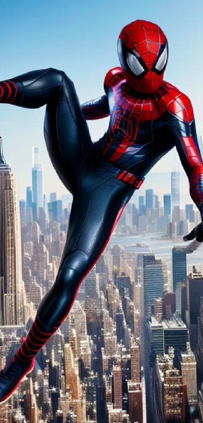 Spider-Man soaring above city buildings in vibrant superhero action.