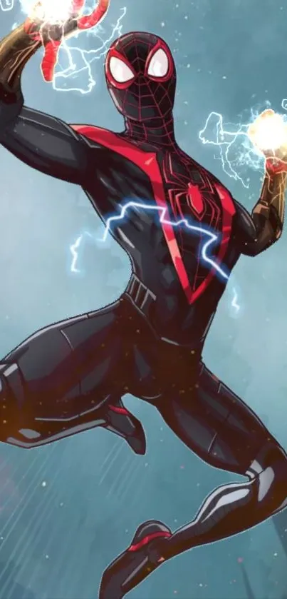 Superhero in red and black suit with energy effects.