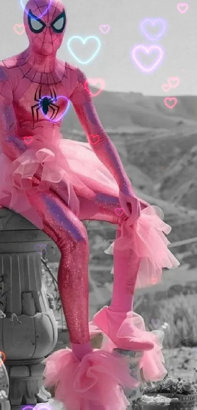 Spiderman in pink tutu with heart effects in a scenic setting