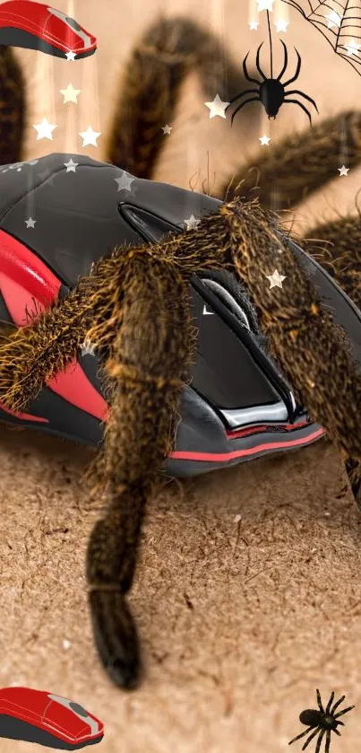 A spider intertwined with a red and black computer mouse.