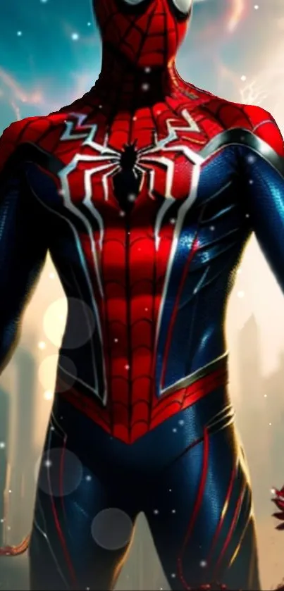 Spider-themed wallpaper with red suit and urban backdrop for mobile screens.