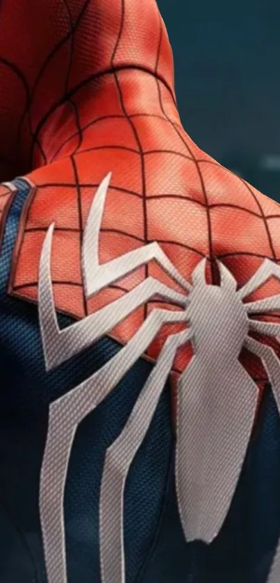 Close-up of a Spider-themed superhero suit with a red and blue color palette.