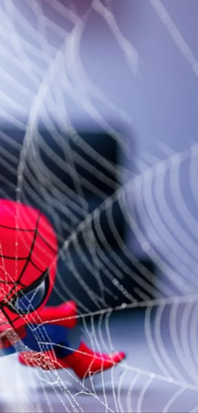 Superhero figure with detailed web on a purple backdrop.