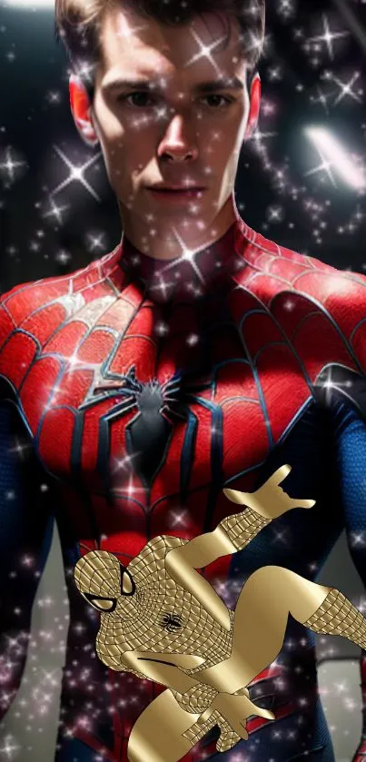 Red and blue superhero with sparkles and golden figure.