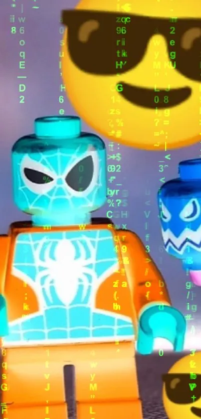 Spider-themed toy with emoji and digital matrix effects in aqua hues.