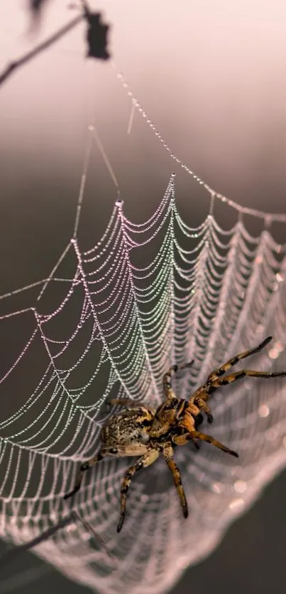 Spider on an intricate web at dusk with pink and gray hues.