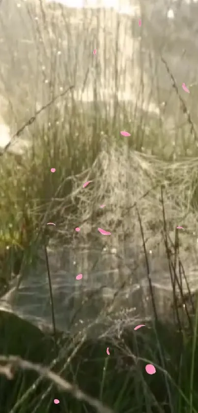 Spider web glistening in the morning sun with pink petals in a green field.