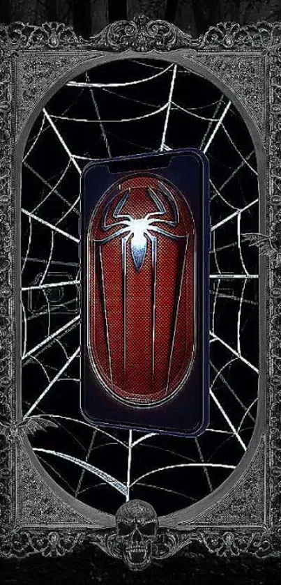 Gothic spider web phone wallpaper with red emblem.