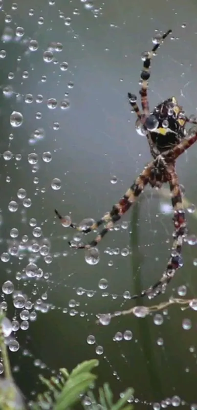 A spider on a dew-covered web with green background.