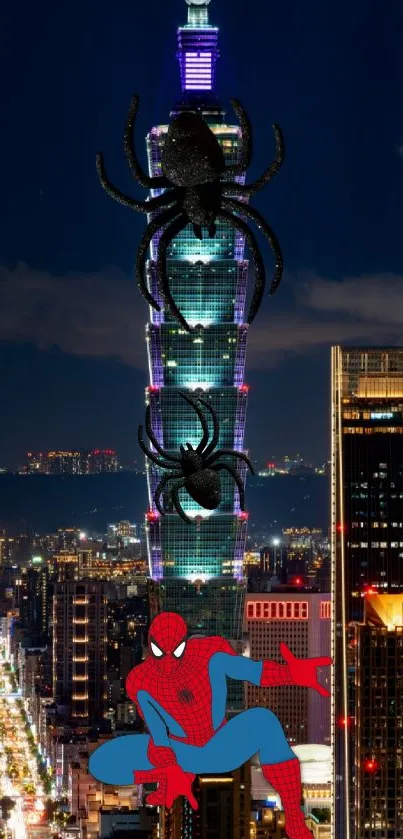 Spiderman in city with night skyline and skyscrapers.