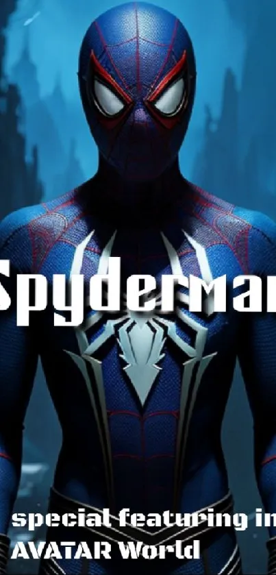 Spiderman in blue superhero suit with Avatar-themed background.