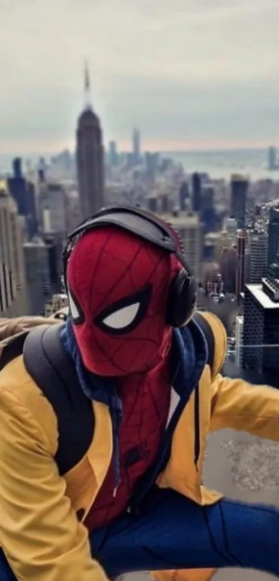 Spiderman with headphones overlooking New York City skyline.