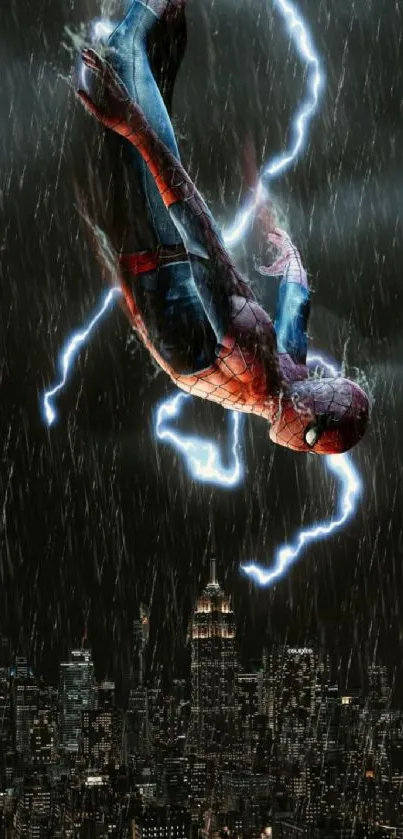 Spiderman diving through a stormy cityscape with lightning.