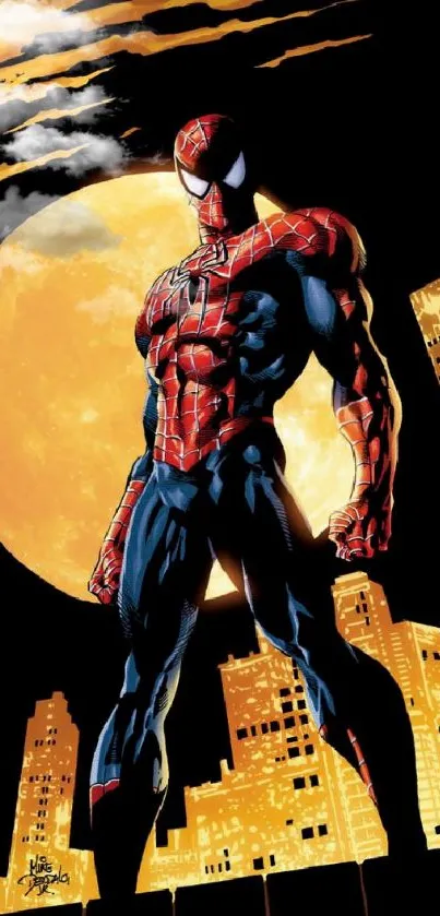 Spiderman stands heroically against a full moon and cityscape in vibrant colors.