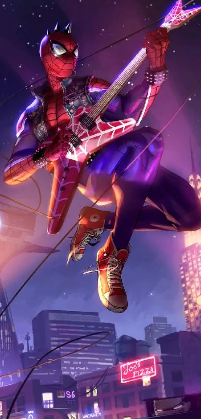 Spiderman playing guitar in a vibrant city night scene.