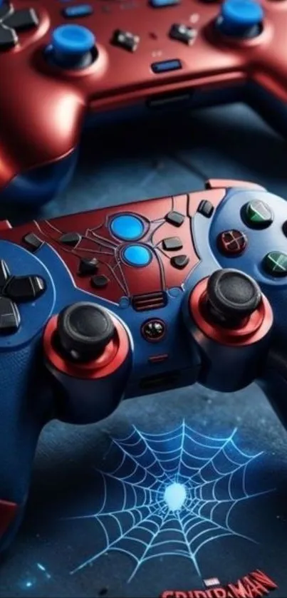 Spiderman-themed gaming controllers on display.