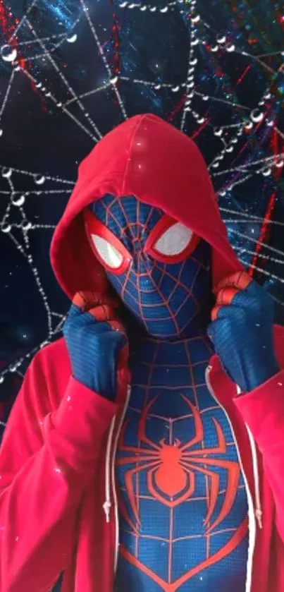 Spider-Man in a red hoodie against a web backdrop on phone wallpaper.