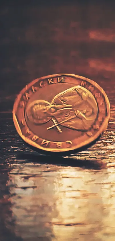 A spinning coin on a warm-toned wooden surface background.