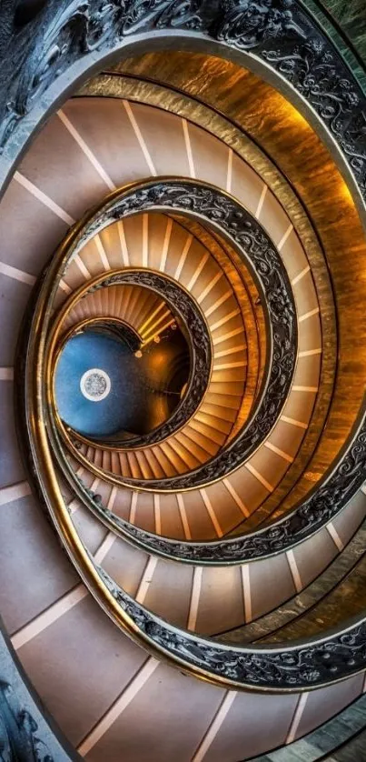 Spiral staircase with golden tones in intricate architectural design.