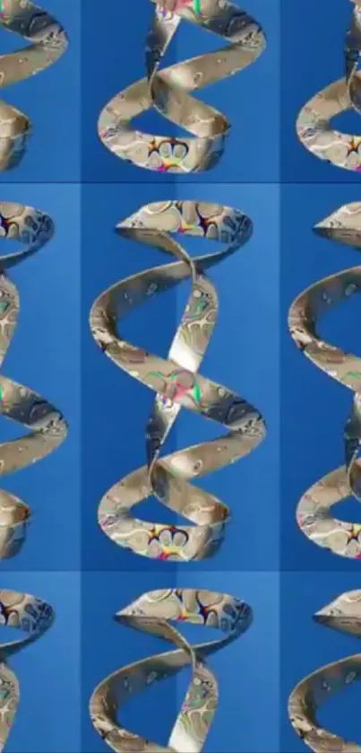 Metallic spiral pattern against a vibrant blue background.