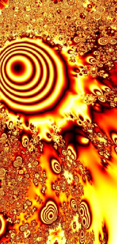 Vibrant spiral fractal wallpaper in orange and black with intricate details.