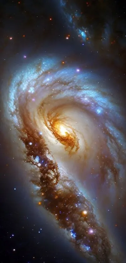 A spiral galaxy with swirling cosmic clouds and vibrant stars.